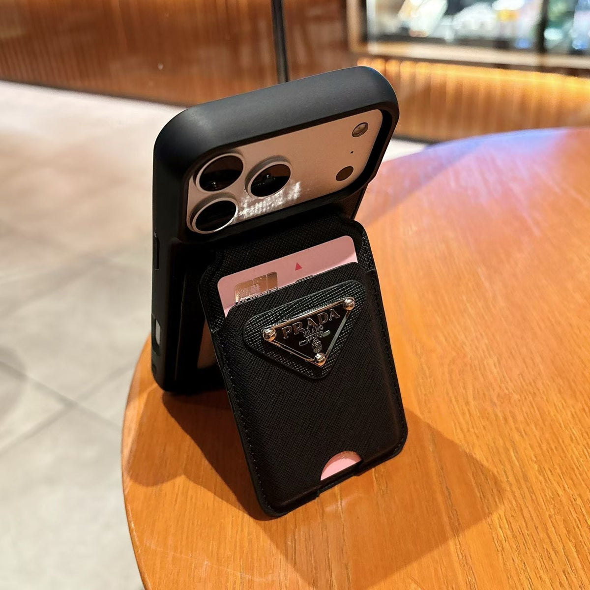 Prada Textured Wallet iPhone Case with Card Holder & Fold-Out Stand – iPhone 13 to 17 Pro Max