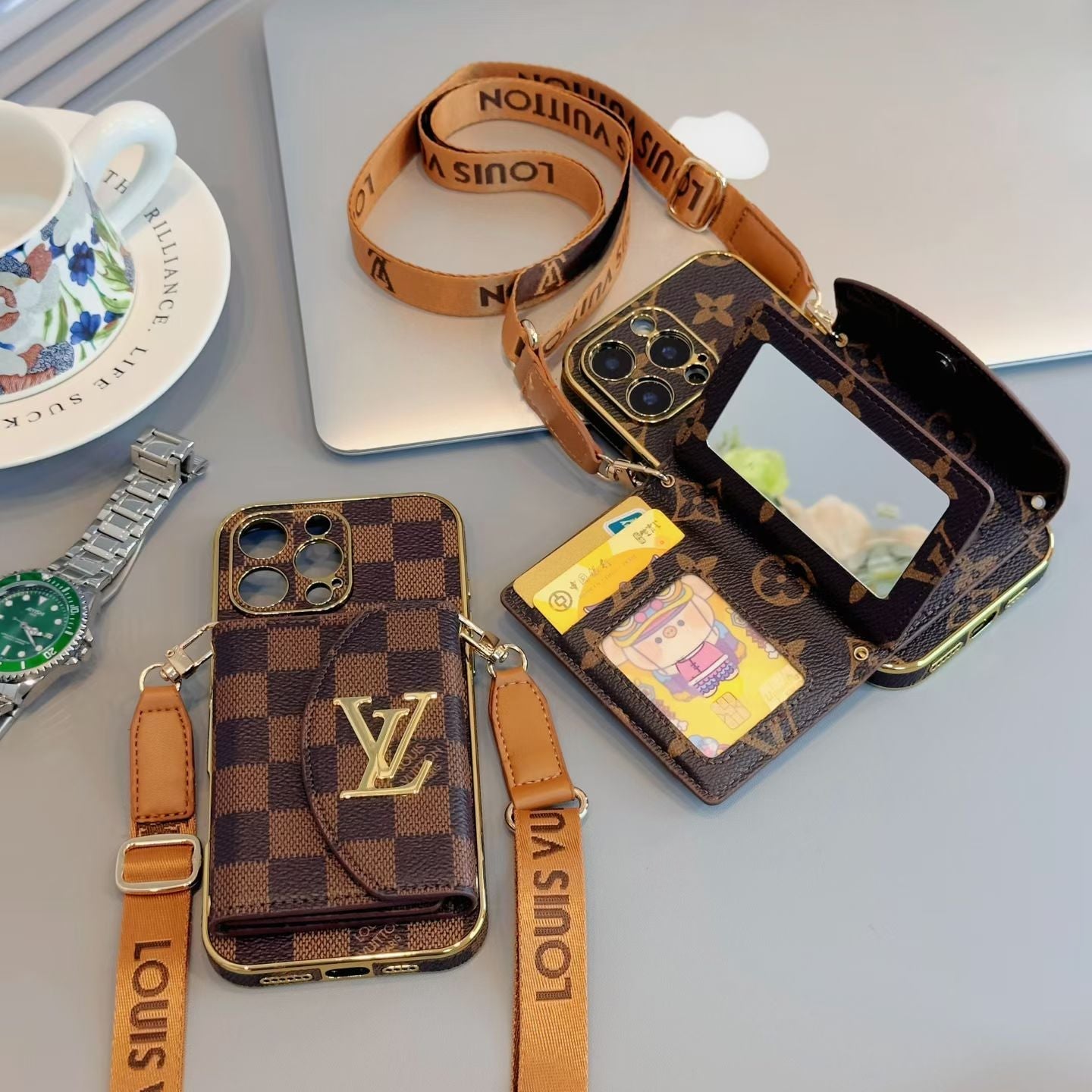 Louis Vuitton & Gucci Crossbody Wallet Case for iPhone 13 to 17 Pro Max