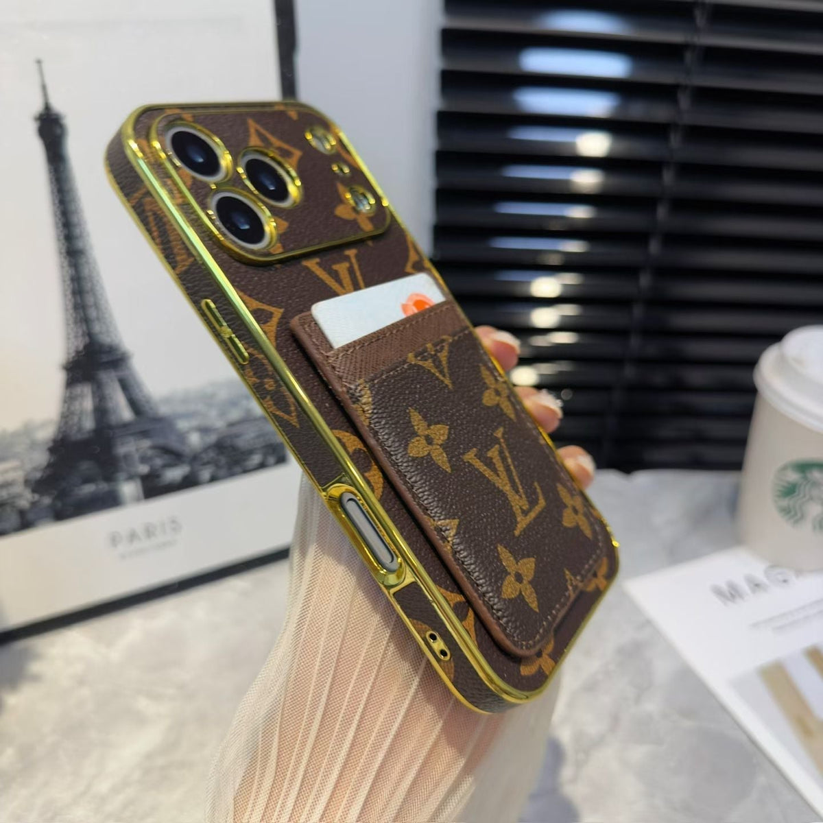 Louis Vuitton Monogram Card Holder iPhone Case with Gold Trim for iPhone 13 to 17 Pro Max