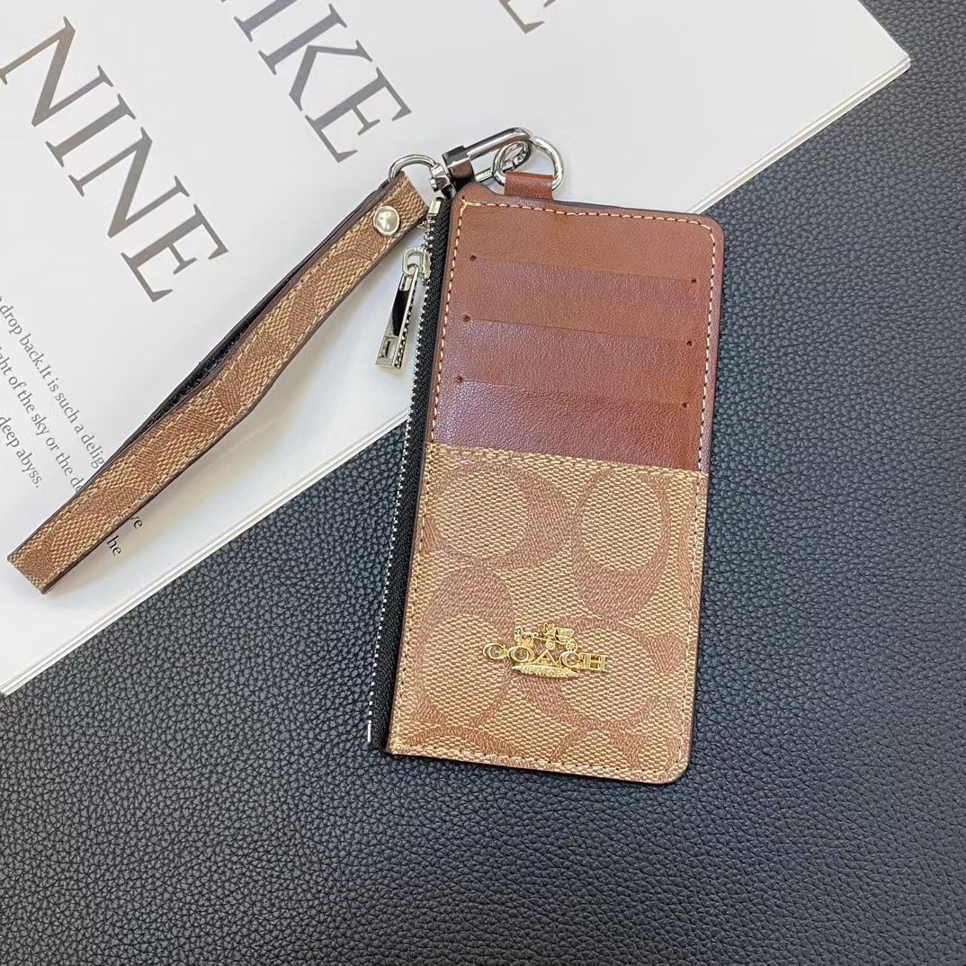 Coach Monogram Zip Card Holder Wallet with Wrist Strap