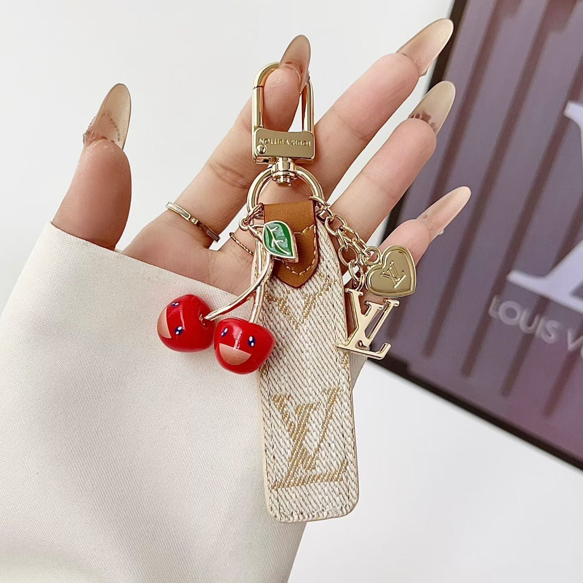 Louis Vuitton Cherry Charm Wristlet Keychain with Gold-Tone Clip