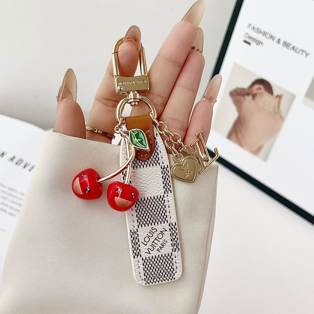 Louis Vuitton Cherry Charm Wristlet Keychain with Gold-Tone Clip
