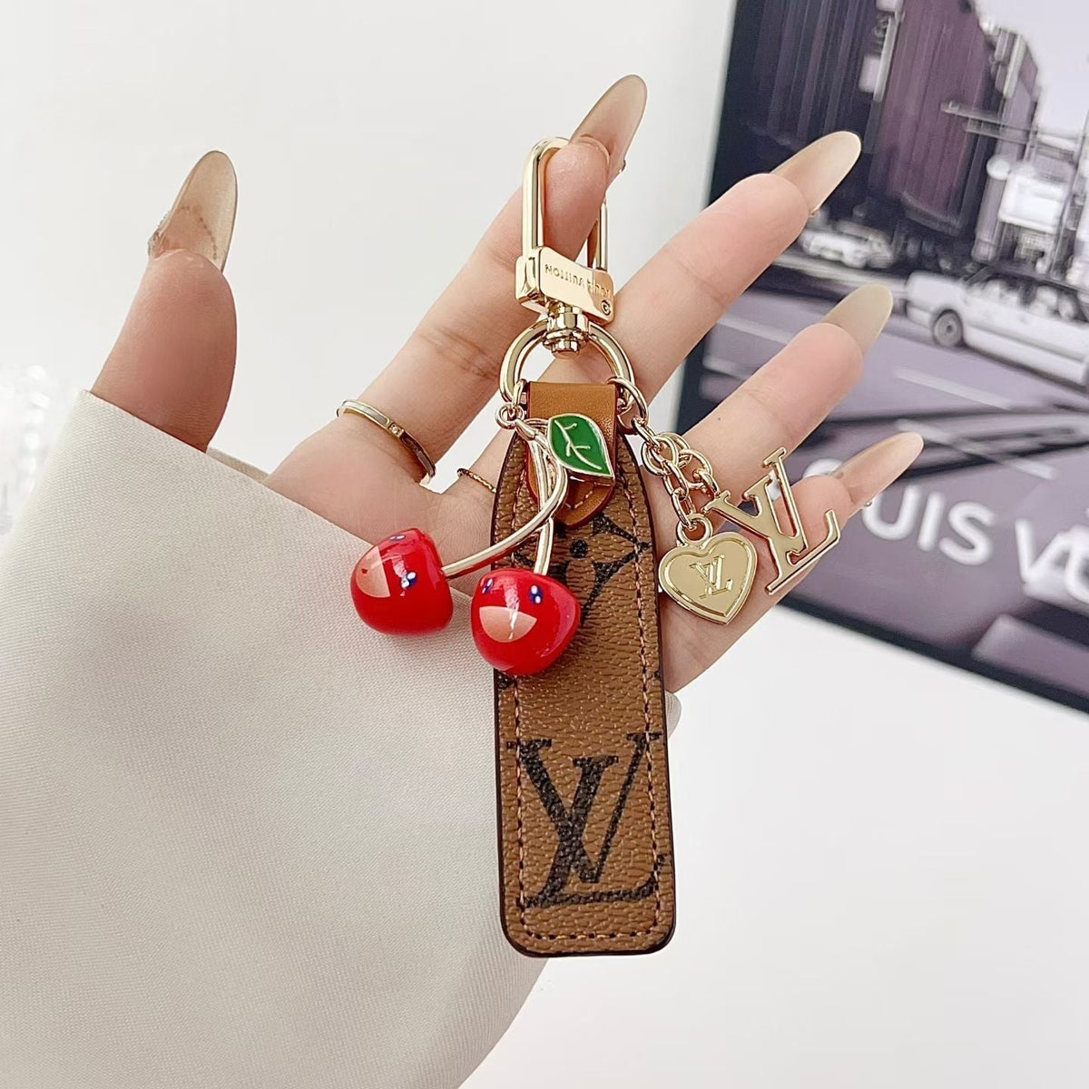 Louis Vuitton Cherry Charm Wristlet Keychain with Gold-Tone Clip