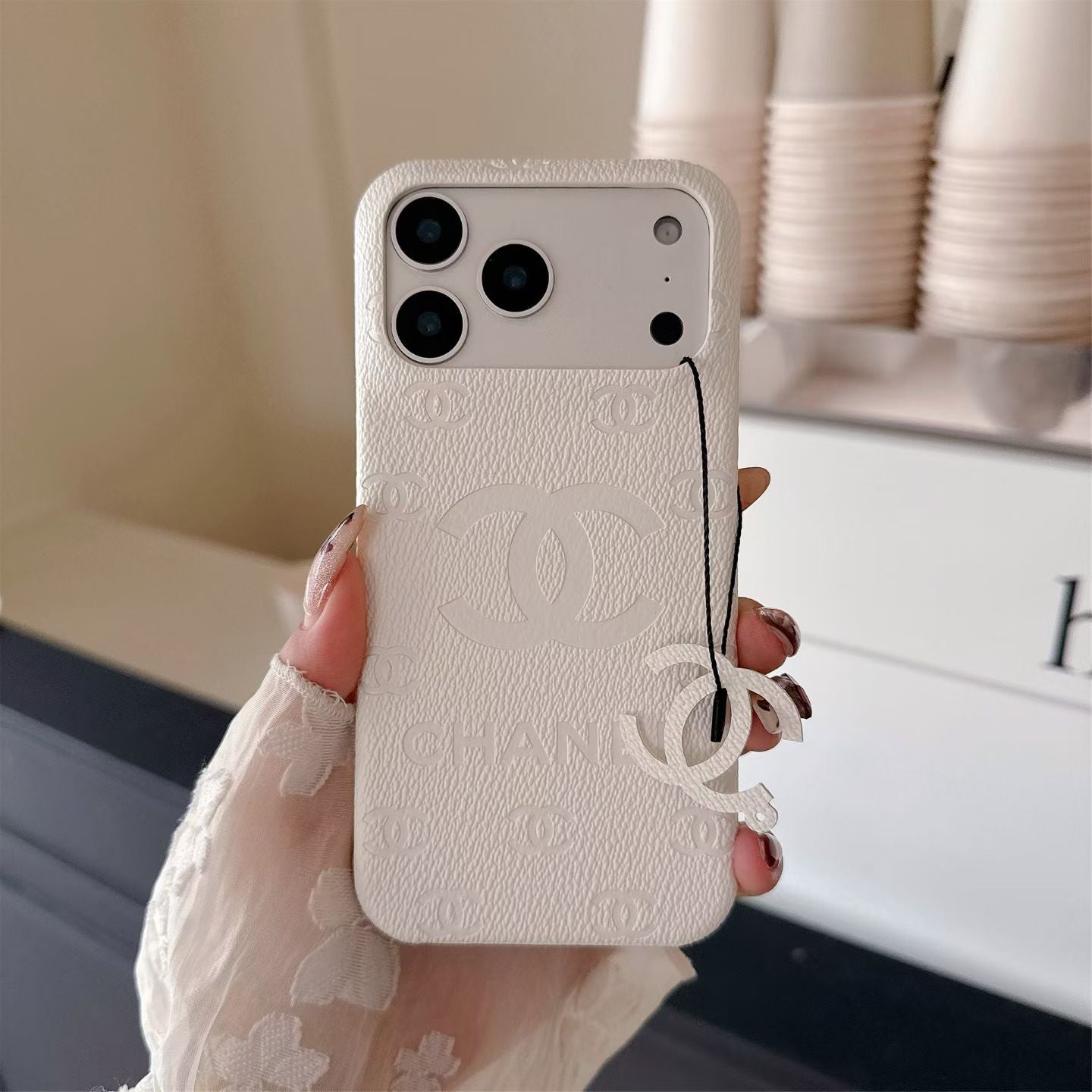 Chanel Embossed CC Leather-Style iPhone Case with Logo Charm – iPhone 13 to 17 Pro Max