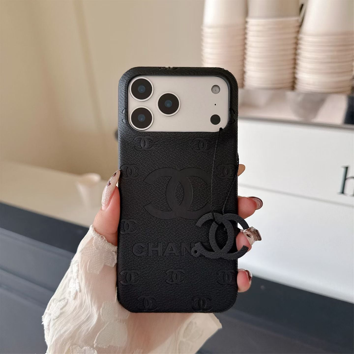 Chanel Embossed CC Leather-Style iPhone Case with Logo Charm – iPhone 13 to 17 Pro Max
