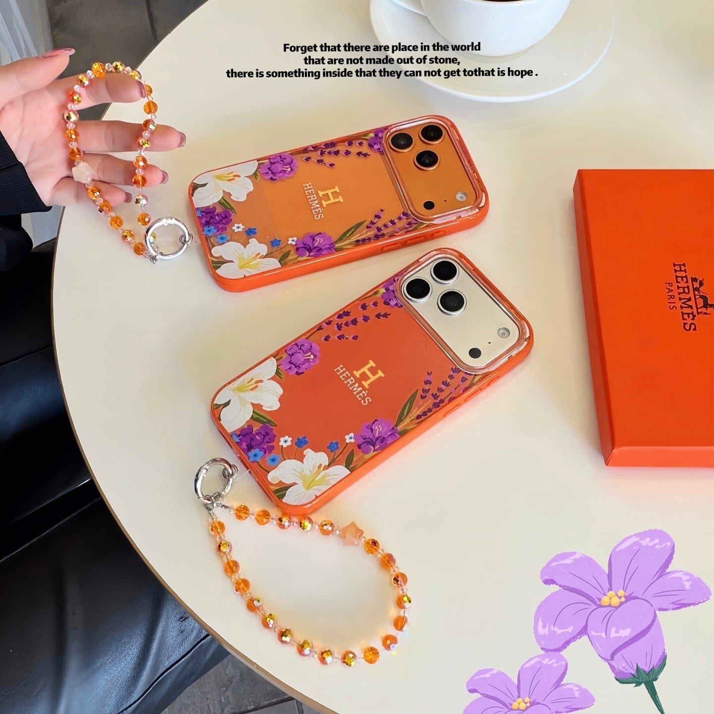 HypedEffects Hermès Floral Signature Case with Wrist Charm for iPhone 13 to 17 Pro Max