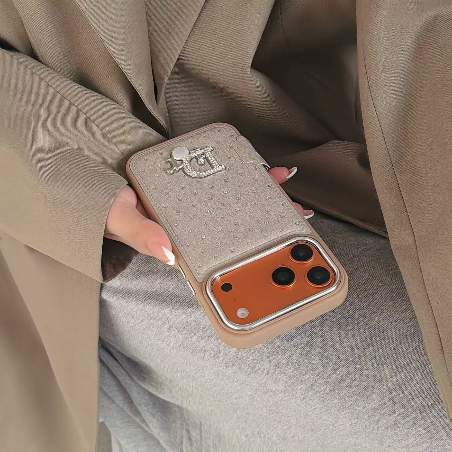 Dior Crystal-Studded Leather-Style iPhone Case with Chrome Camera Guard – iPhone 13 to 17 Pro Max