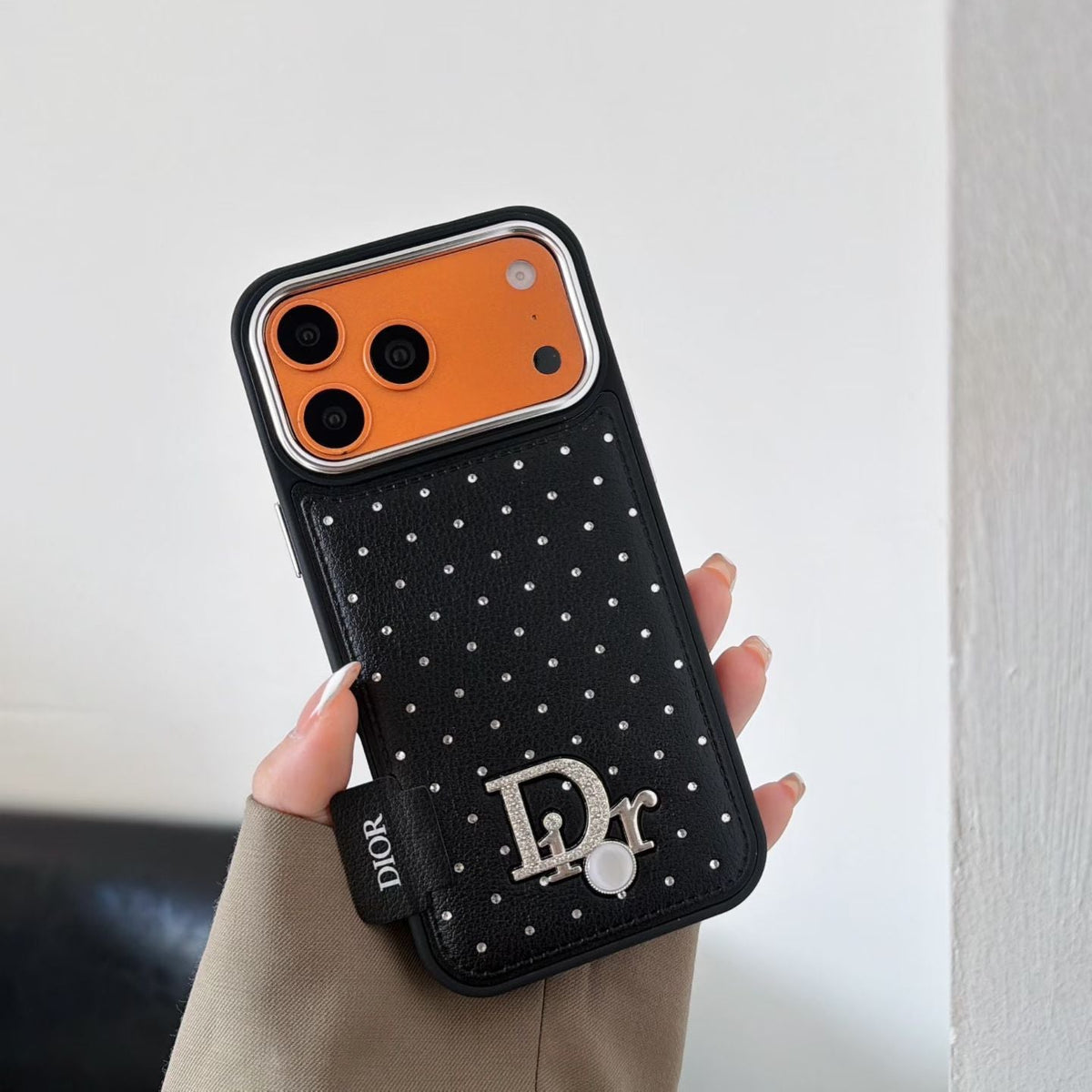 Dior Crystal-Studded Leather-Style iPhone Case with Chrome Camera Guard – iPhone 13 to 18 Pro Max