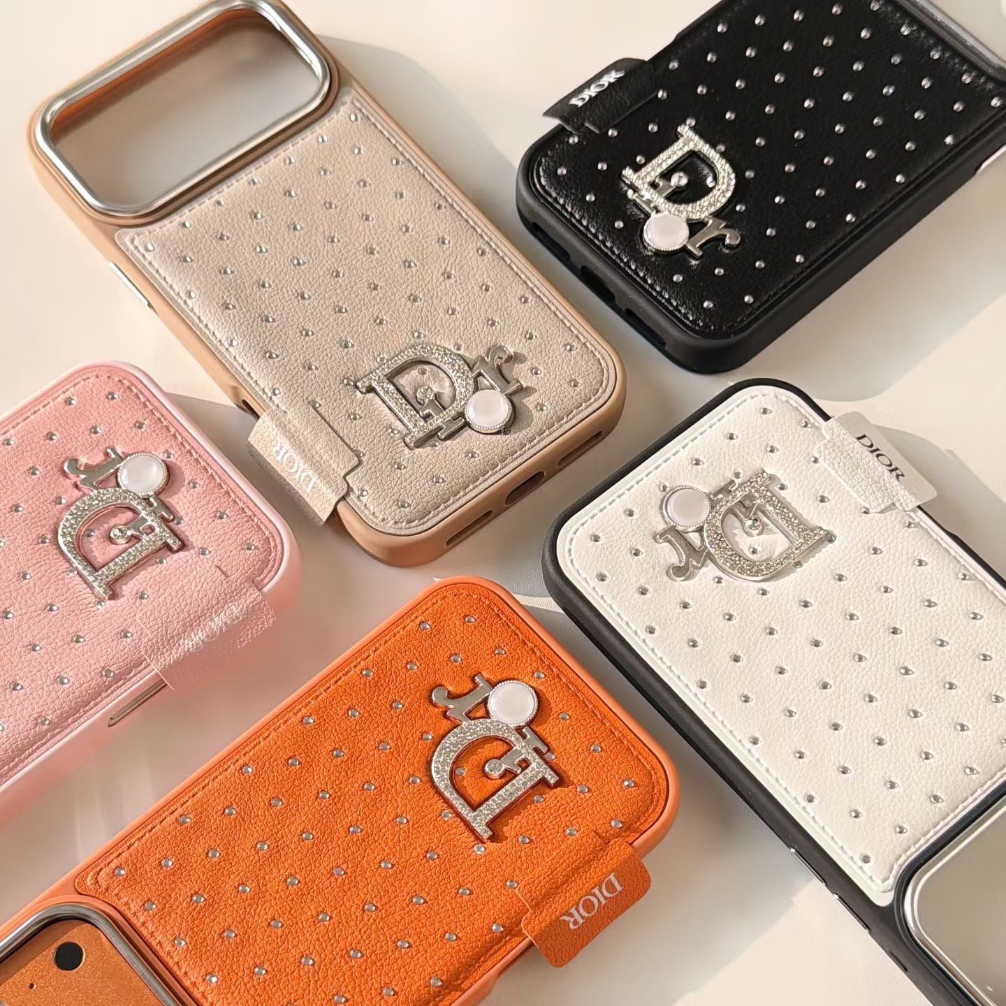 Dior Crystal-Studded Leather-Style iPhone Case with Chrome Camera Guard – iPhone 13 to 17 Pro Max