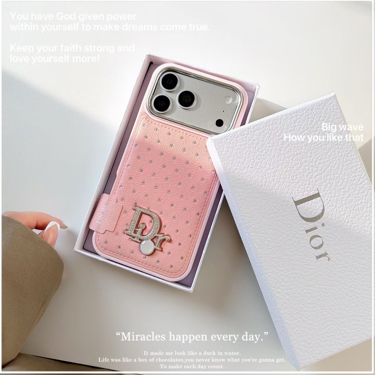 Dior Crystal-Studded Leather-Style iPhone Case with Chrome Camera Guard – iPhone 13 to 17 Pro Max