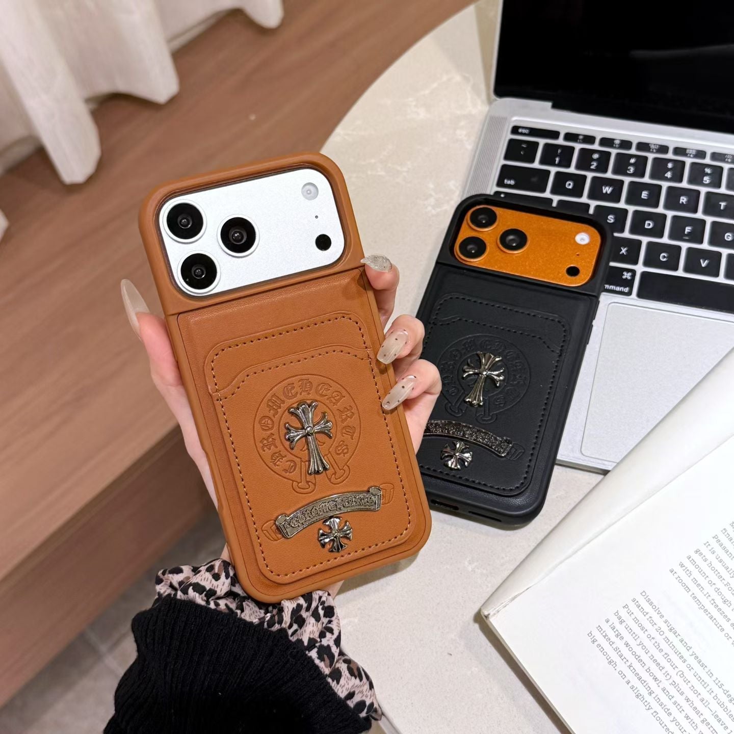 Chrome Hearts Leather Card Holder iPhone Case with Card Holder – iPhone 13 to 17 Pro Max