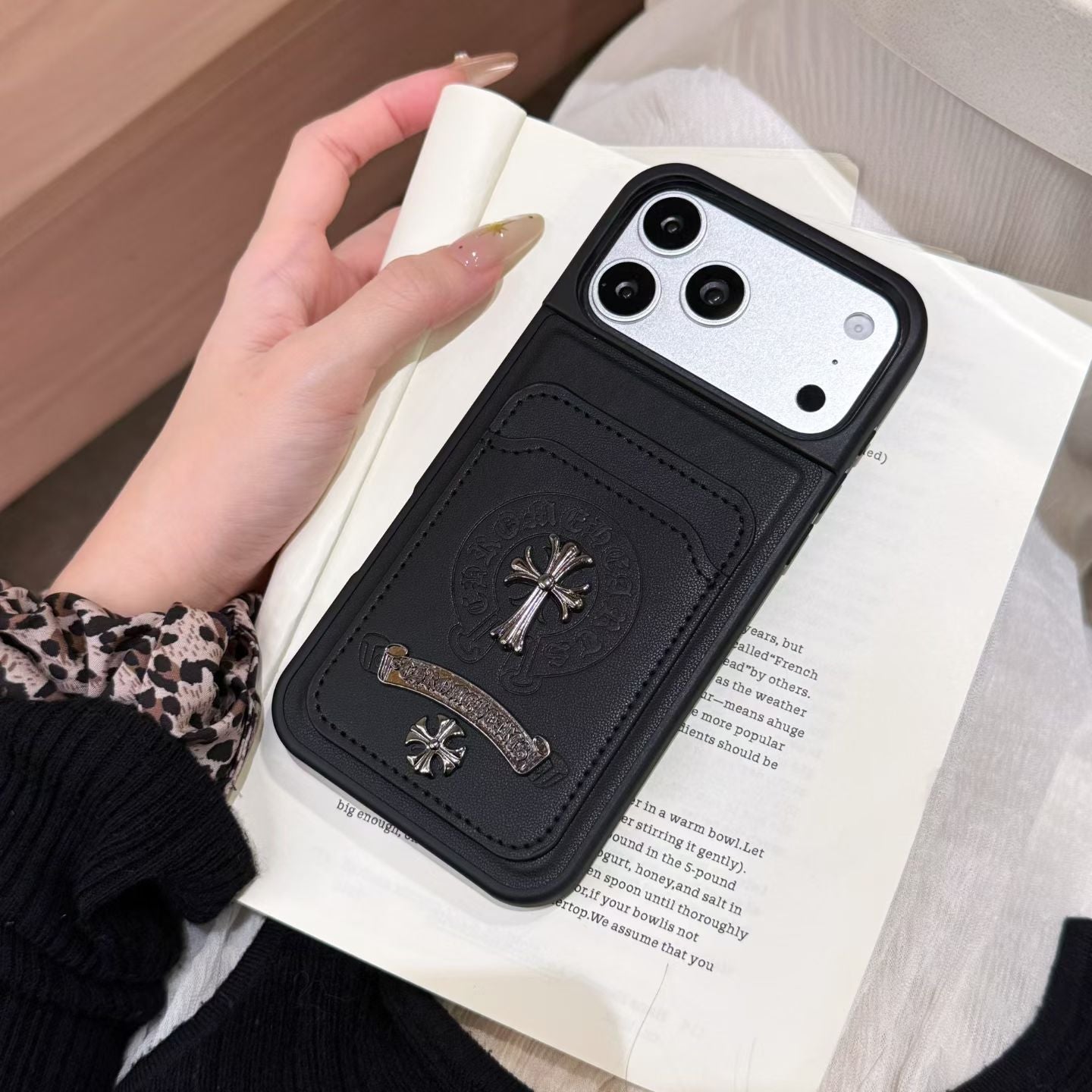 Chrome Hearts Leather Card Holder iPhone Case with Card Holder – iPhone 13 to 17 Pro Max
