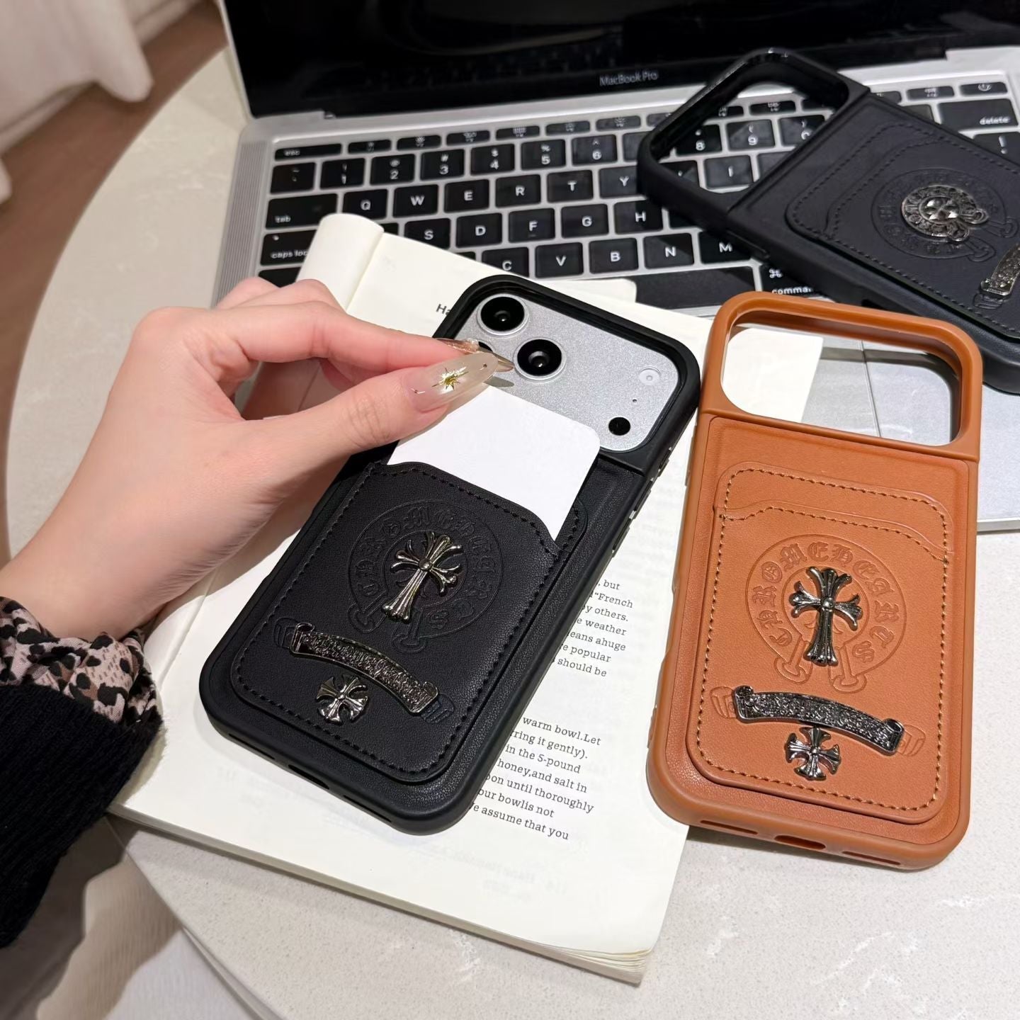 Chrome Hearts Leather Card Holder iPhone Case with Card Holder – iPhone 13 to 17 Pro Max
