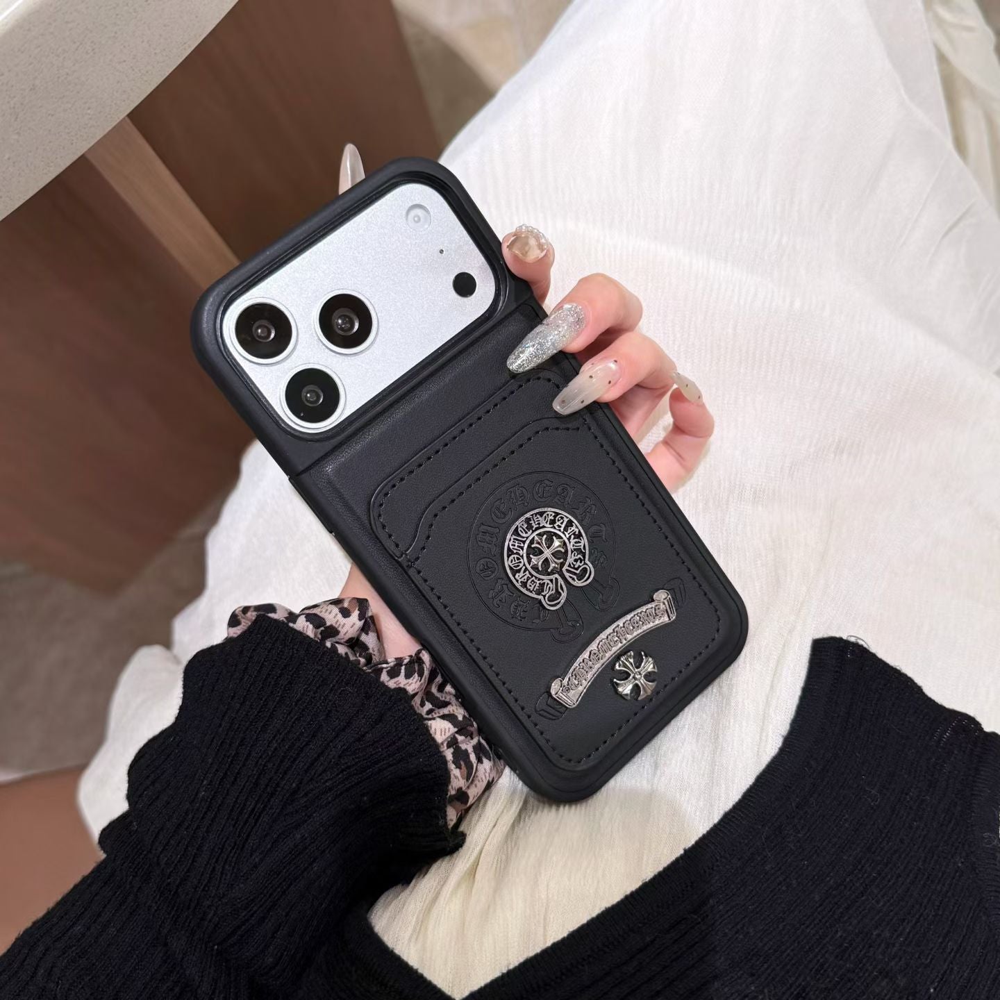 Chrome Hearts Leather Card Holder iPhone Case with Card Holder – iPhone 13 to 17 Pro Max