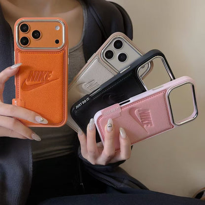 Nike Leather Engraved Logo iPhone Case with Chrome Camera Guard – iPhone 13 to 17 Pro Max