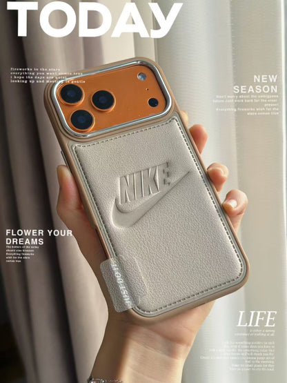 Nike Leather Engraved Logo iPhone Case with Chrome Camera Guard – iPhone 13 to 17 Pro Max