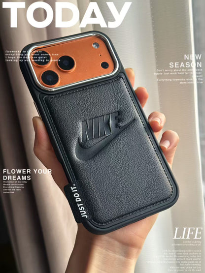 Nike Leather Engraved Logo iPhone Case with Chrome Camera Guard – iPhone 13 to 17 Pro Max