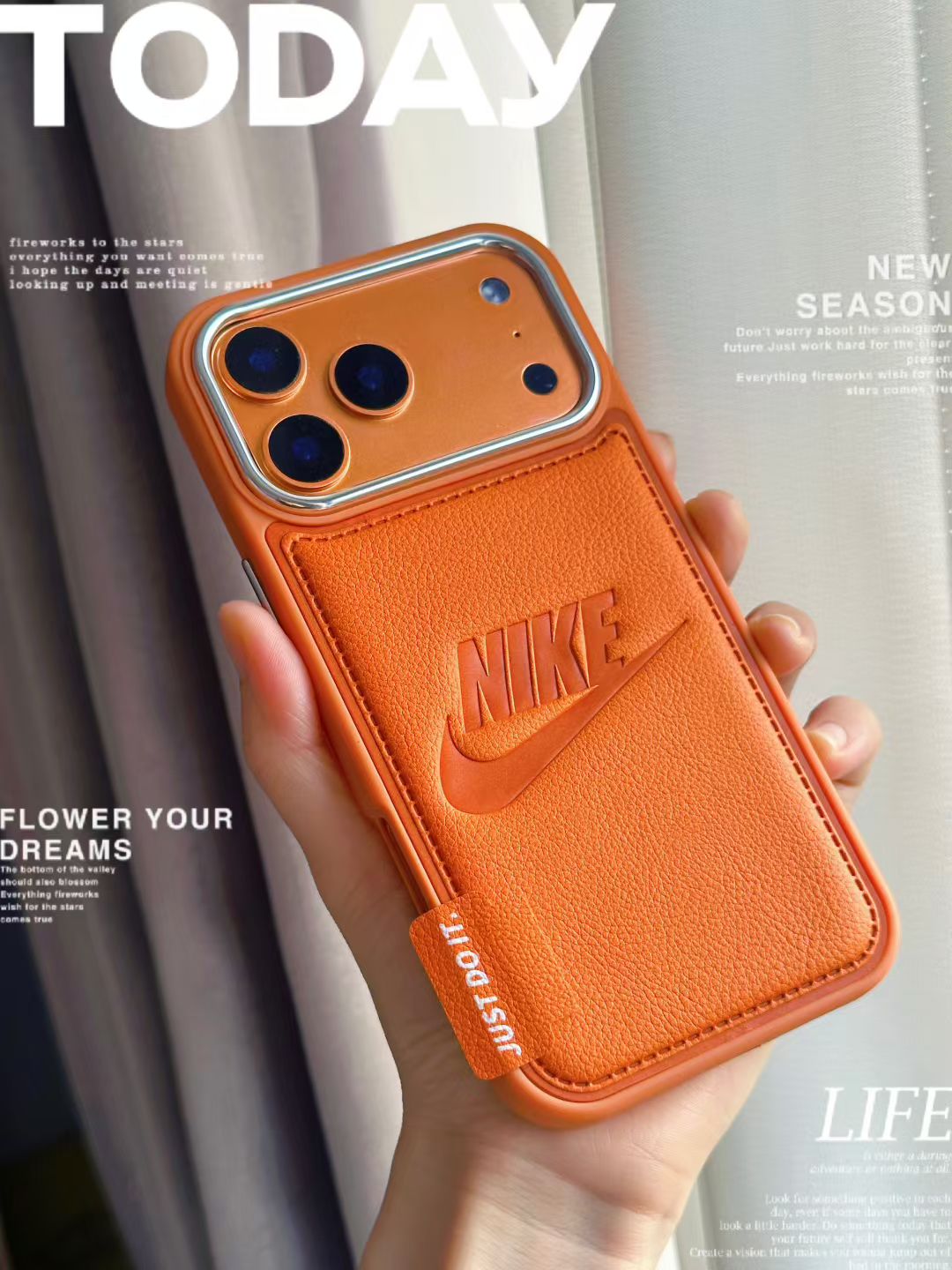 Nike Leather Engraved Logo iPhone Case with Chrome Camera Guard – iPhone 13 to 17 Pro Max