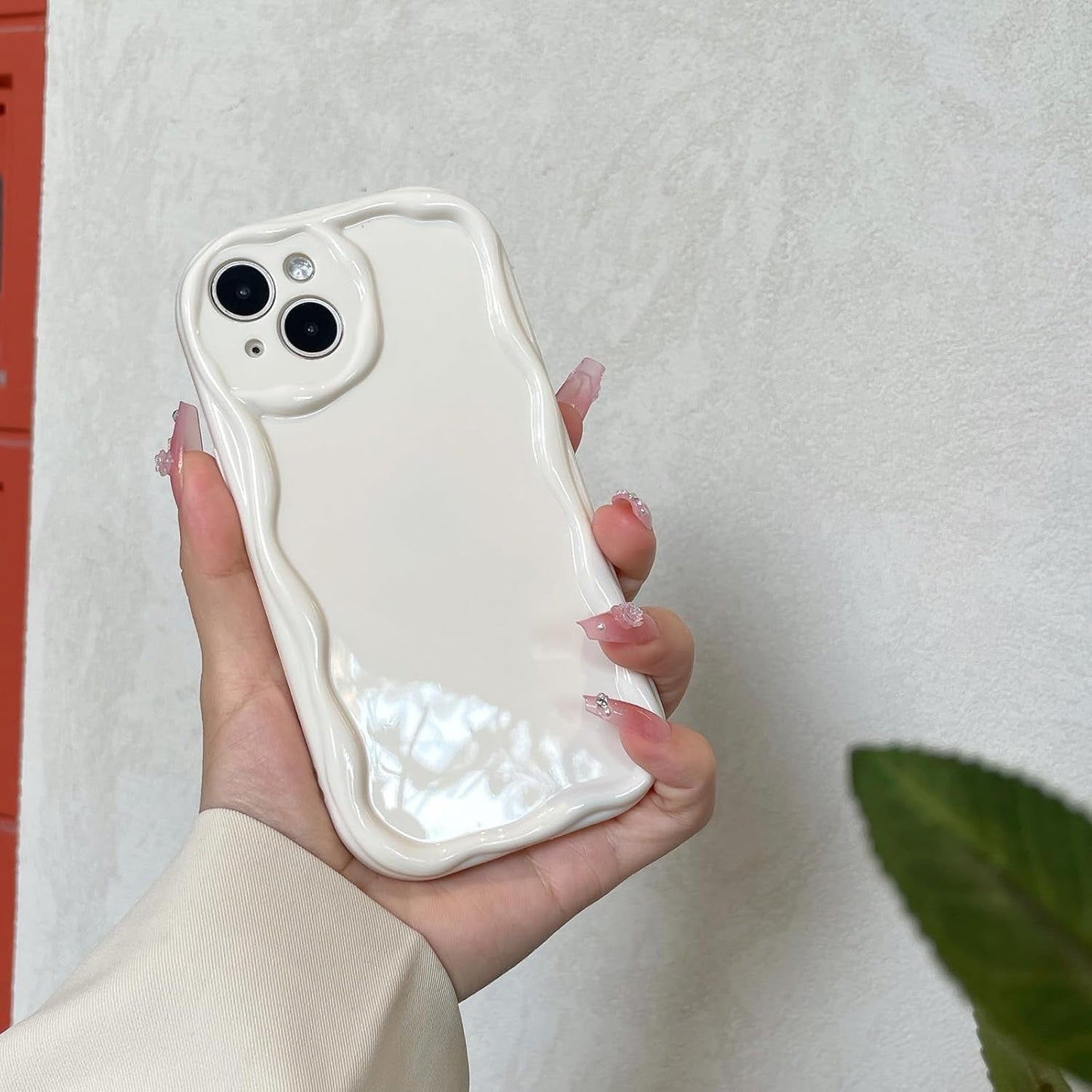 iPhone 12 Pro Case, Cute Wavy Frame Design, Slim Soft TPU Protective Cover, Glossy Aesthetic Style, Beige
