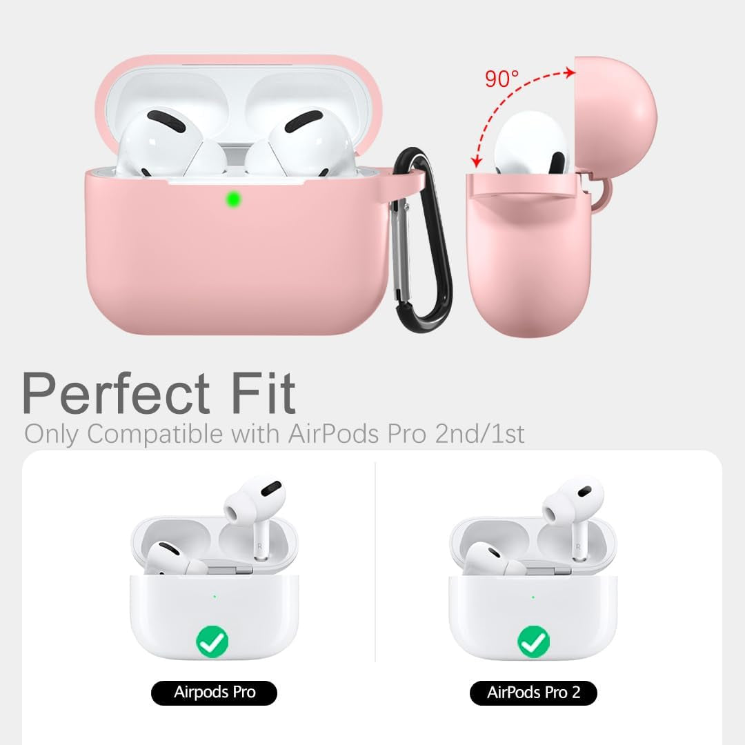 AirPods Pro 2 Silicone Case, Shockproof Protective Cover with Carabiner, Wireless Charging Compatible, Pink