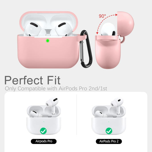 AirPods Pro 2 Silicone Case, Shockproof Protective Cover with Carabiner, Wireless Charging Compatible, Pink
