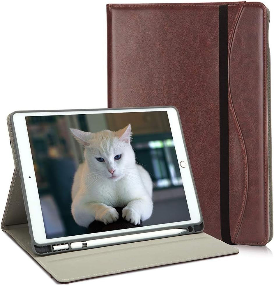 10.2" iPad Case for 7th, 8th & 9th Generation, Protective Folio Cover with Pencil Holder, Pocket & Auto Wake/Sleep, Dark Brown