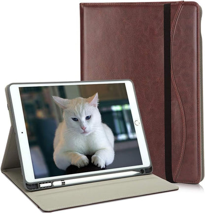 10.2" iPad Case for 7th, 8th & 9th Generation, Protective Folio Cover with Pencil Holder, Pocket & Auto Wake/Sleep, Dark Brown