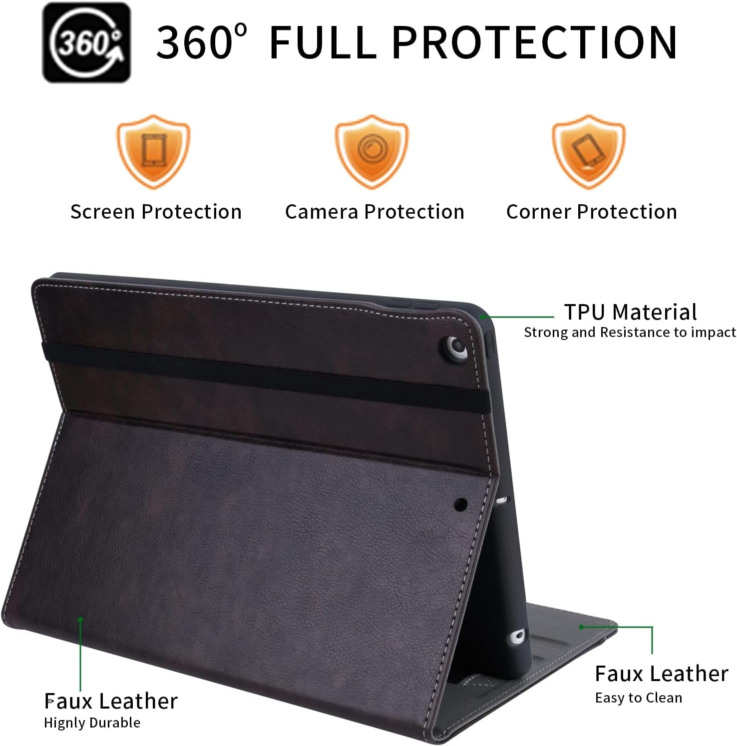 10.2" iPad Case for 7th, 8th & 9th Generation, Protective Folio Cover with Pencil Holder, Pocket & Auto Wake/Sleep, Dark Brown