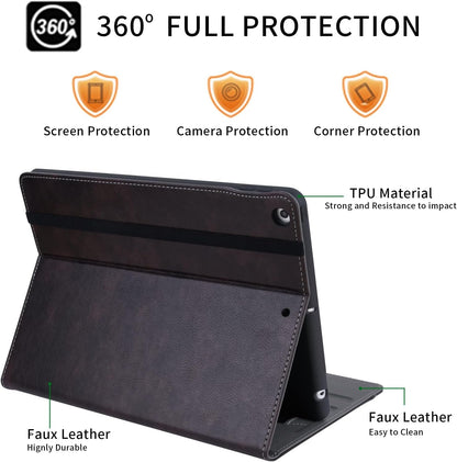 10.2" iPad Case for 7th, 8th & 9th Generation, Protective Folio Cover with Pencil Holder, Pocket & Auto Wake/Sleep, Dark Brown