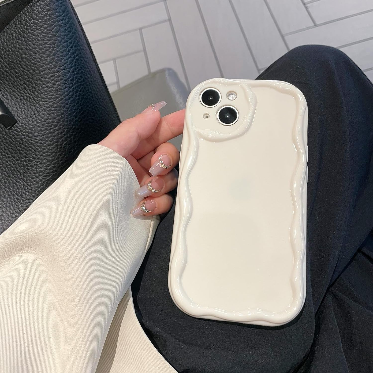 iPhone 12 Pro Case, Cute Wavy Frame Design, Slim Soft TPU Protective Cover, Glossy Aesthetic Style, Beige