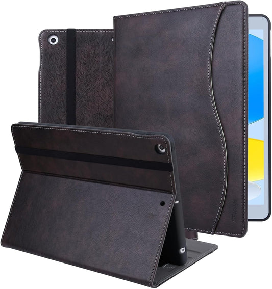 10.2" iPad Case for 7th, 8th & 9th Generation, Protective Folio Cover with Pencil Holder, Pocket & Auto Wake/Sleep, Dark Brown