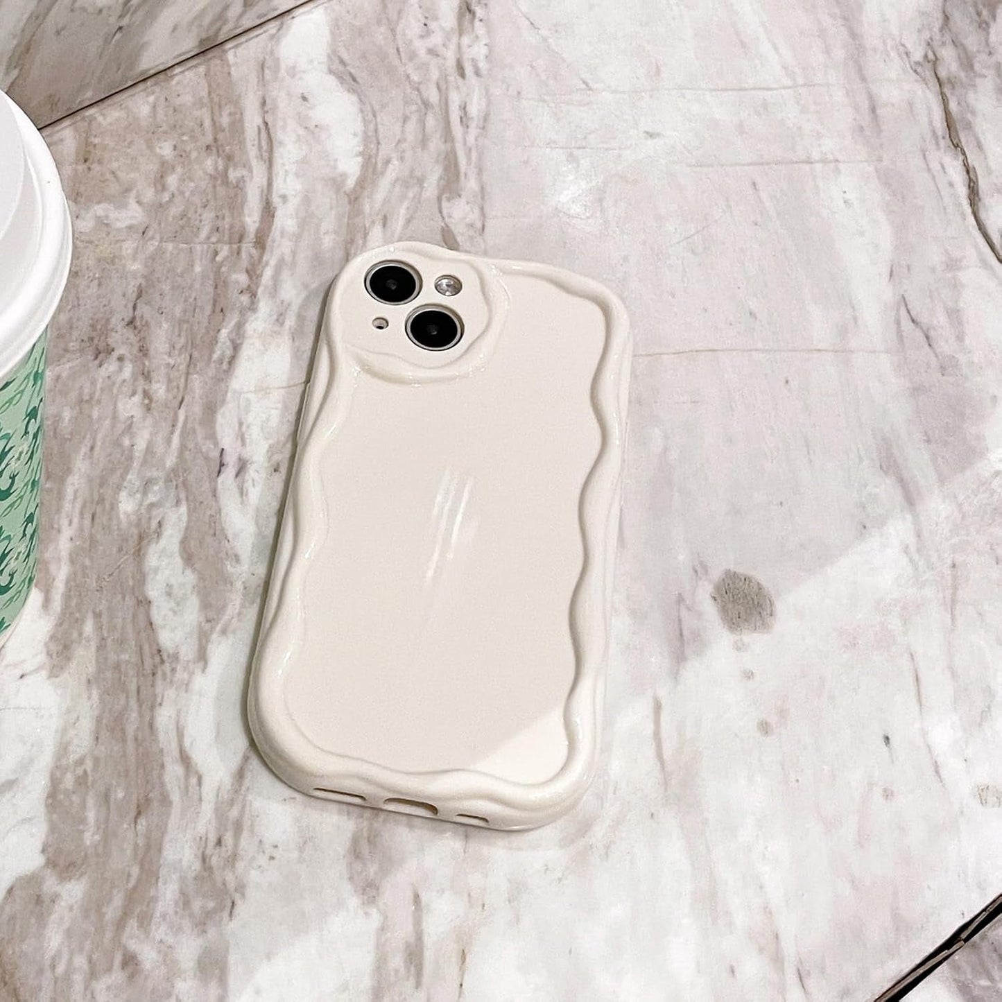 iPhone 12 Pro Case, Cute Wavy Frame Design, Slim Soft TPU Protective Cover, Glossy Aesthetic Style, Beige