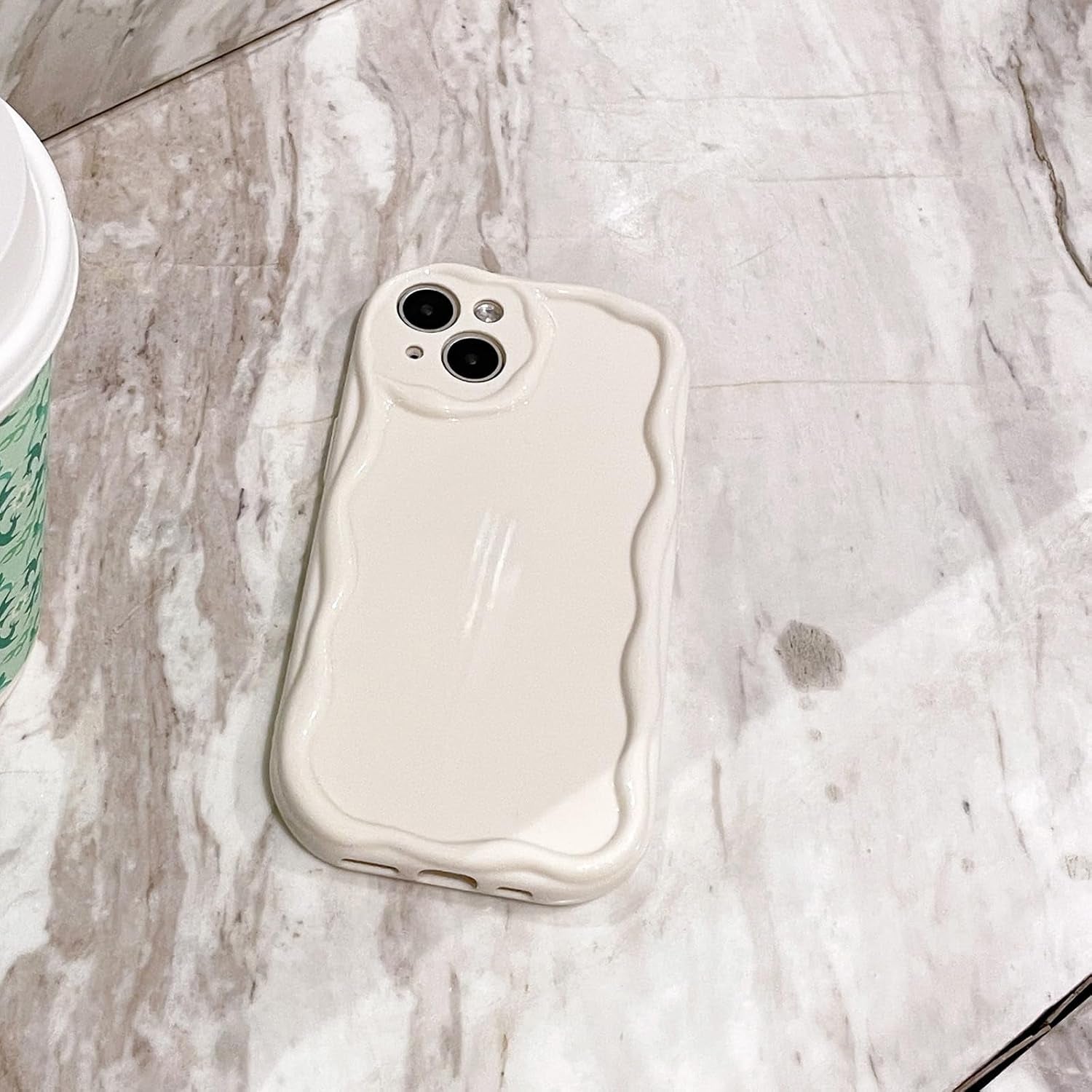 iPhone 12 Pro Case, Cute Wavy Frame Design, Slim Soft TPU Protective Cover, Glossy Aesthetic Style, Beige