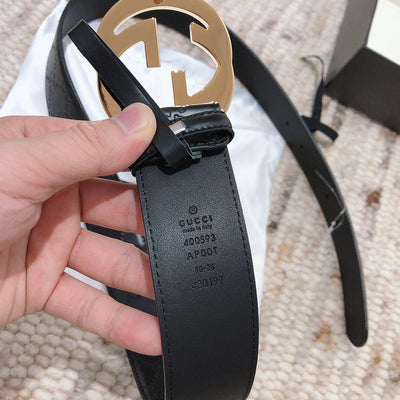Hypedeffect Engraved Black Gucci Belt - Golden Louis Vuitton Buckle
