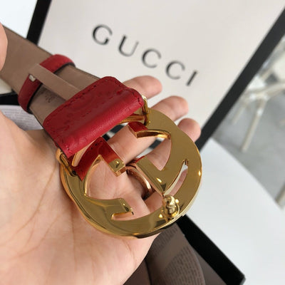 Hypedeffect Gucci Red Leather Belt with Golden GG Buckle