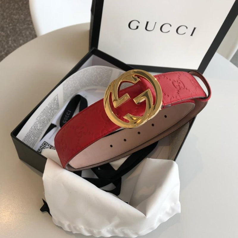 Hypedeffect Gucci Red Leather Belt with Golden Gucci Buckle