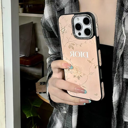 HypedEffects Dior Floral Embossed Leather iPhone Case with Rhinestone Camera Frame