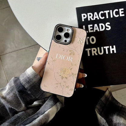HypedEffects Dior Floral Embossed Leather iPhone Case with Rhinestone Camera Frame