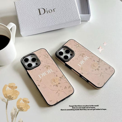 HypedEffects Dior Floral Embossed Leather iPhone Case with Rhinestone Camera Frame