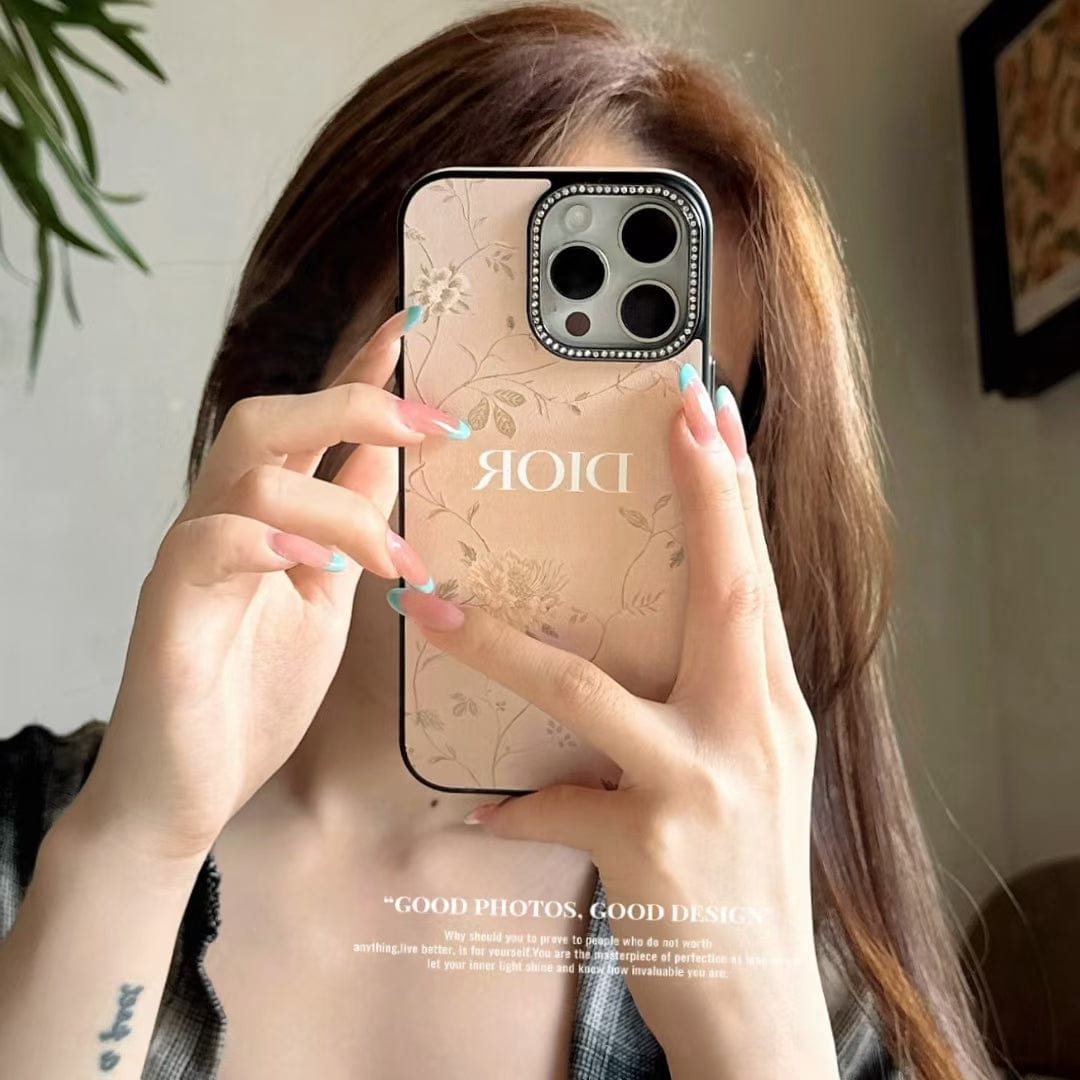 HypedEffects Dior Floral Embossed Leather iPhone Case with Rhinestone Camera Frame