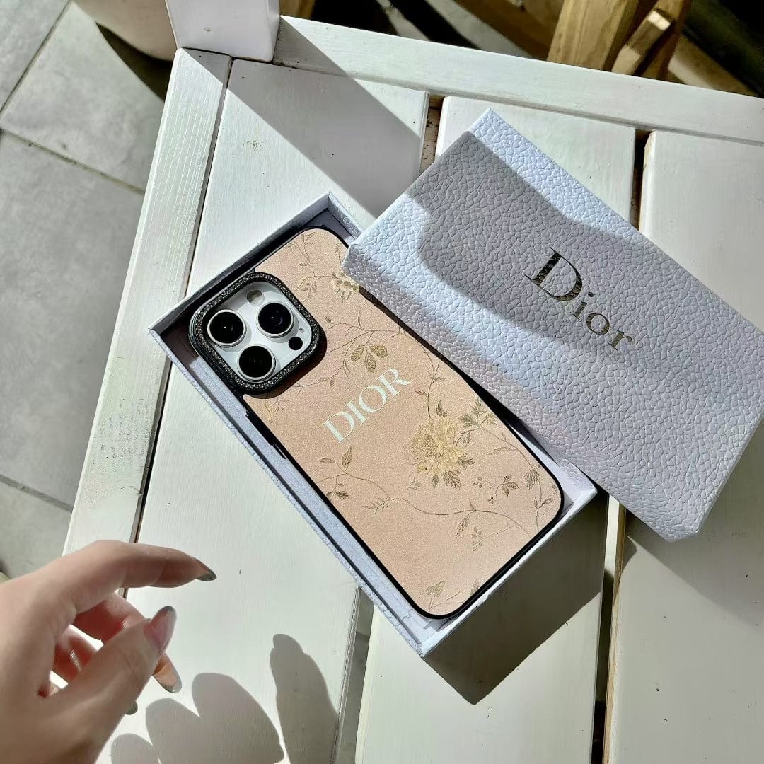 HypedEffects Dior Floral Embossed Leather iPhone Case with Rhinestone Camera Frame