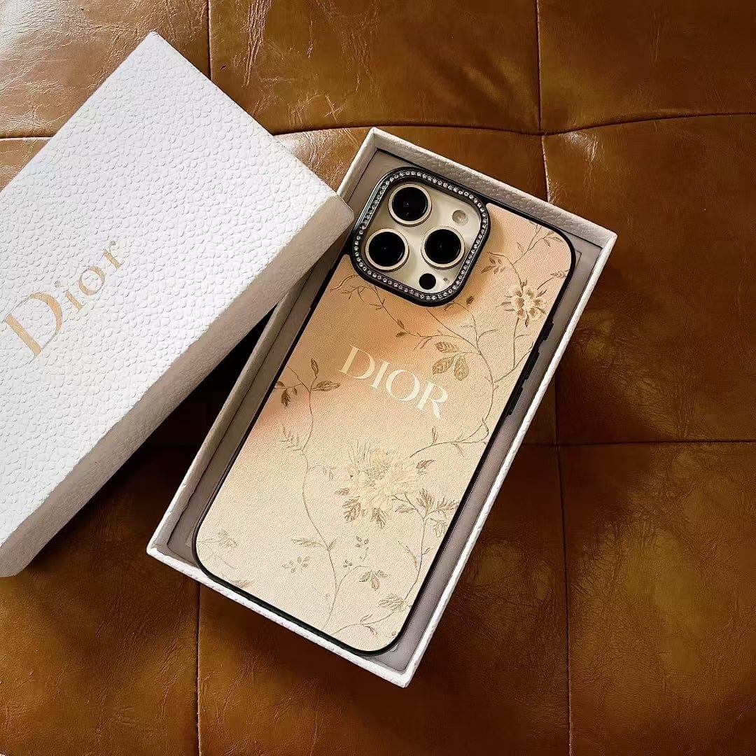 HypedEffects Dior Floral Embossed Leather iPhone Case with Rhinestone Camera Frame