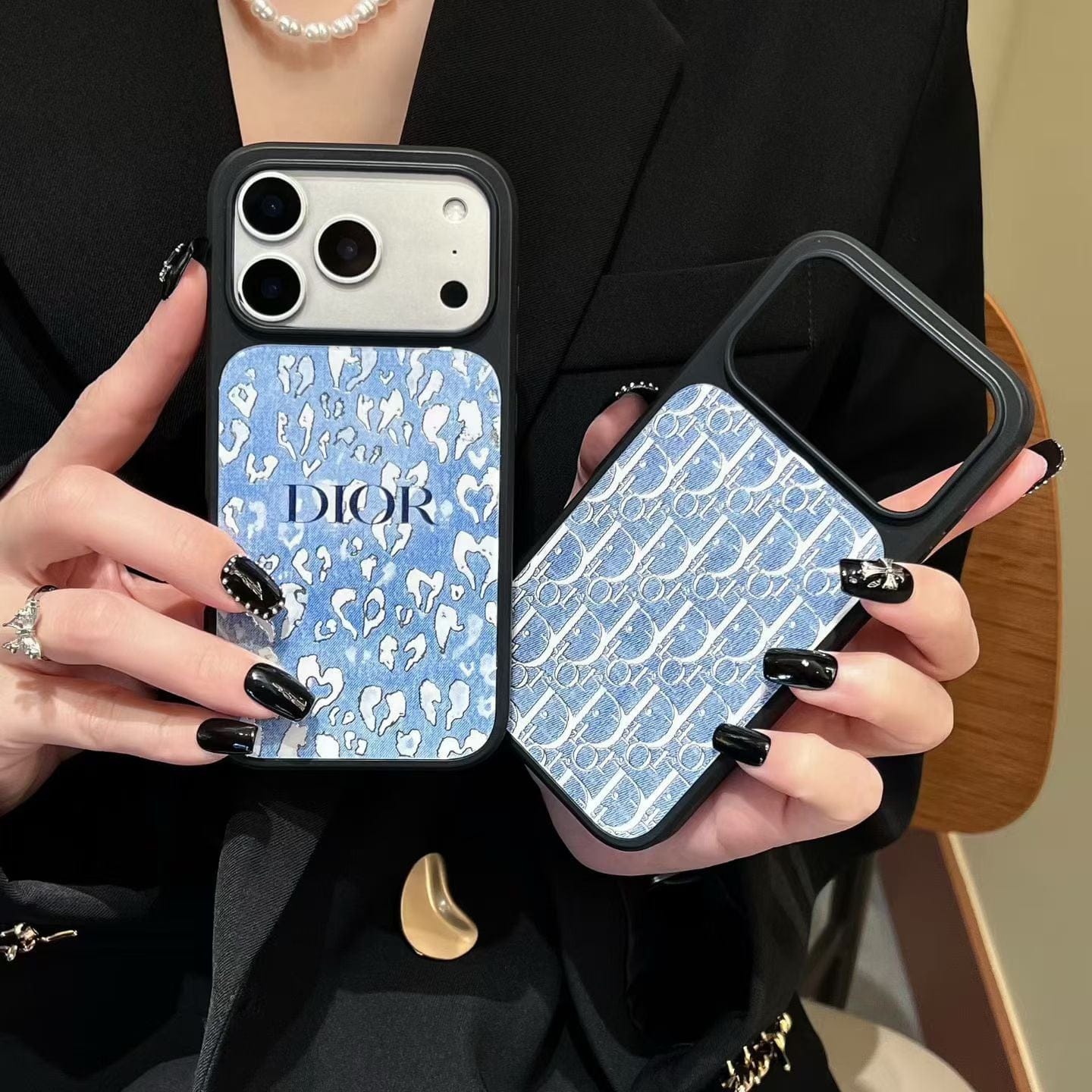 HypedEffects Dior Inspired Blue Pattern Phone Case for iPhone 14 to iPhone 17 Pro Max