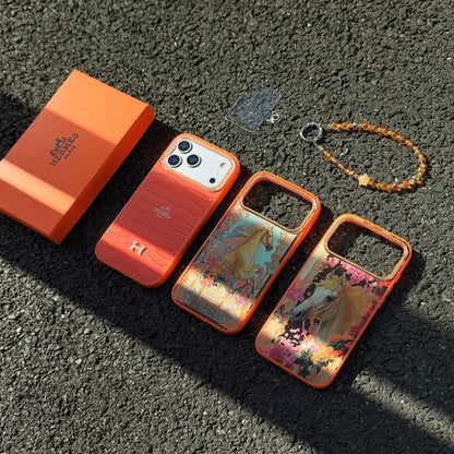 HypedEffects Hermès Horse Art Orange Designer iPhone Case with Wrist Chain Descript
