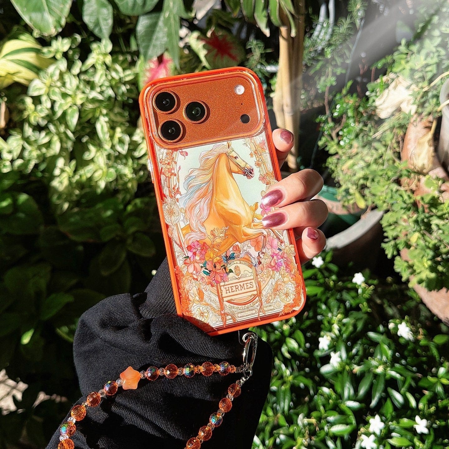 HypedEffects Hermès Horse Art Orange Designer iPhone Case with Wrist Chain Descript