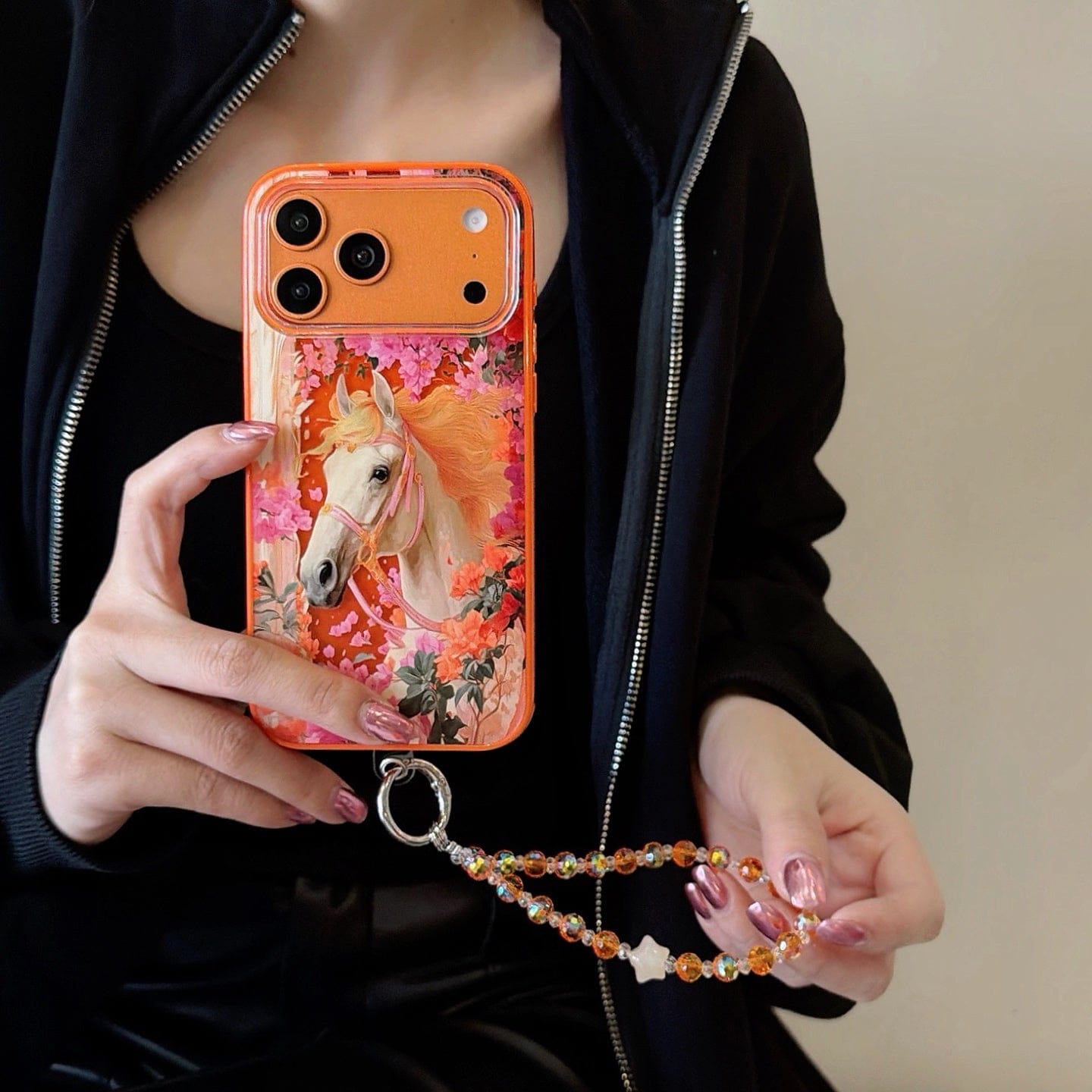 HypedEffects Hermès Horse Art Orange Designer iPhone Case with Wrist Chain Descript