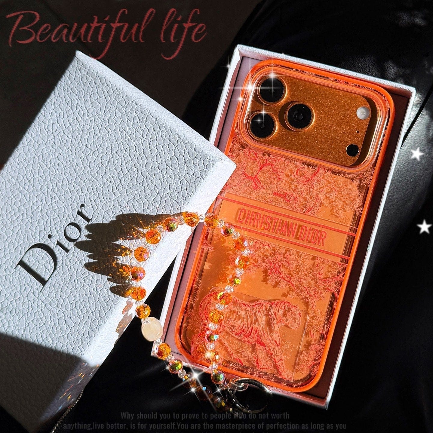 HypedEffects louis vuitton and Dior Orange Aesthetic Wrist Chain Case for iPhone 14 to 17 Pro Max