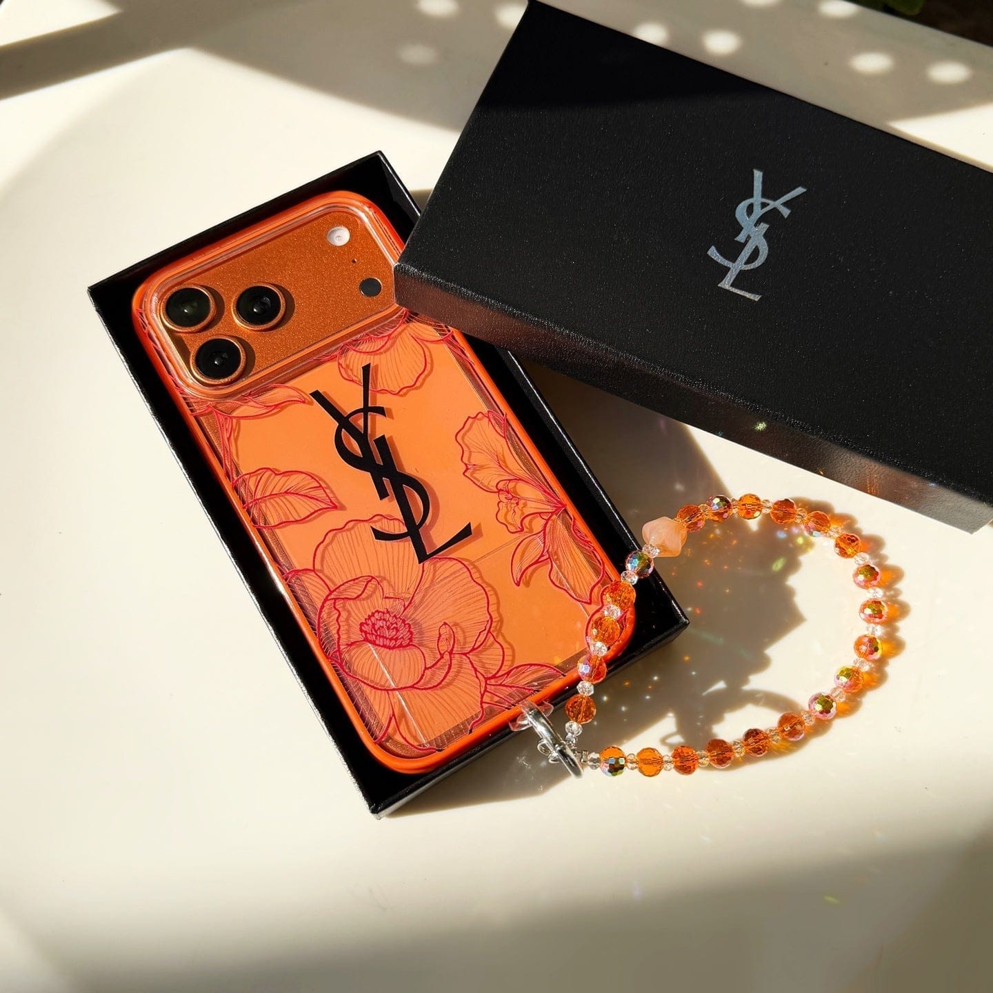 HypedEffects louis vuitton and Dior Orange Aesthetic Wrist Chain Case for iPhone 14 to 17 Pro Max