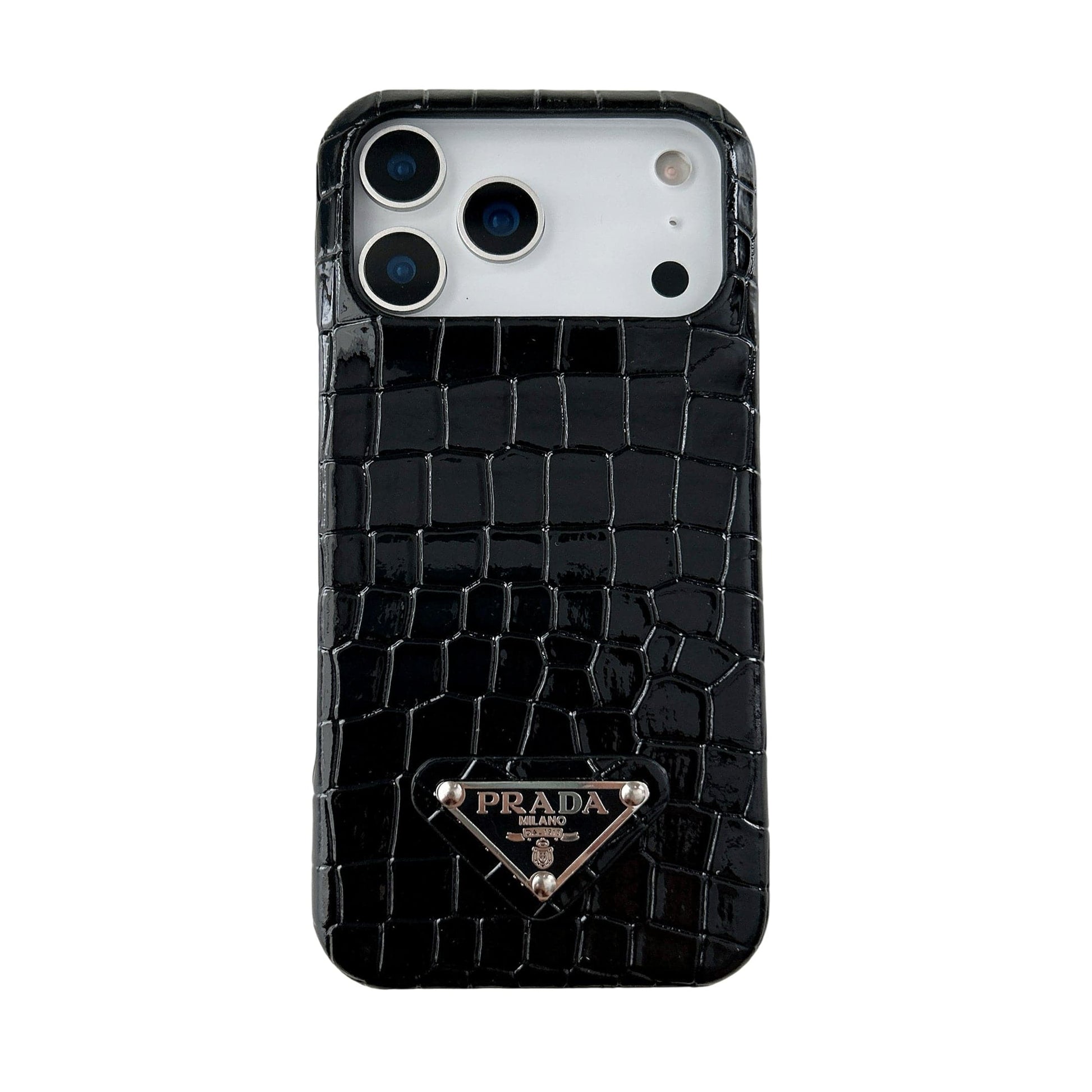 HypedEffects Prada Crocodile-Embossed Phone Case for iPhone 17 with Iconic Metal Triangle Logo