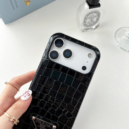 HypedEffects Prada Crocodile-Embossed Phone Case for iPhone 17 with Iconic Metal Triangle Logo